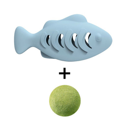 2-piece Blue Fish-Shaped Silicone Cat Toy and  Catnip– 3-in-1 Interactive & Self-Entertaining Toy with Catnip/Cat food, Dental Care & Hairball Relief – BPA-Free, Food-Grade Safety