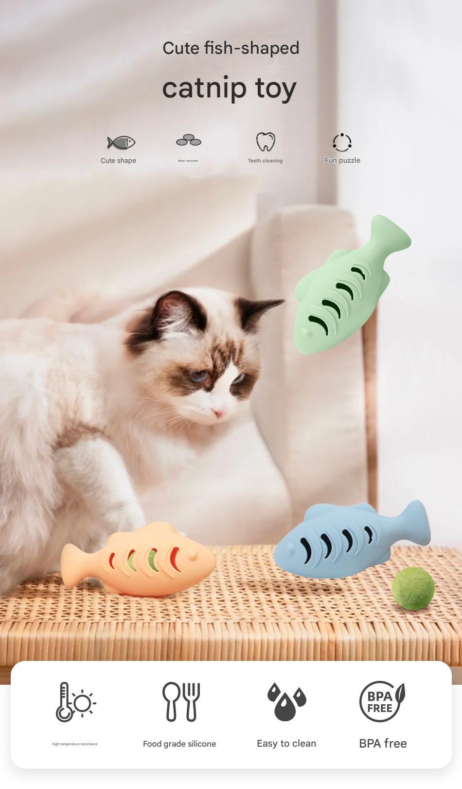 2-piece Blue Fish-Shaped Silicone Cat Toy and  Catnip– 3-in-1 Interactive & Self-Entertaining Toy with Catnip/Cat food, Dental Care & Hairball Relief – BPA-Free, Food-Grade Safety