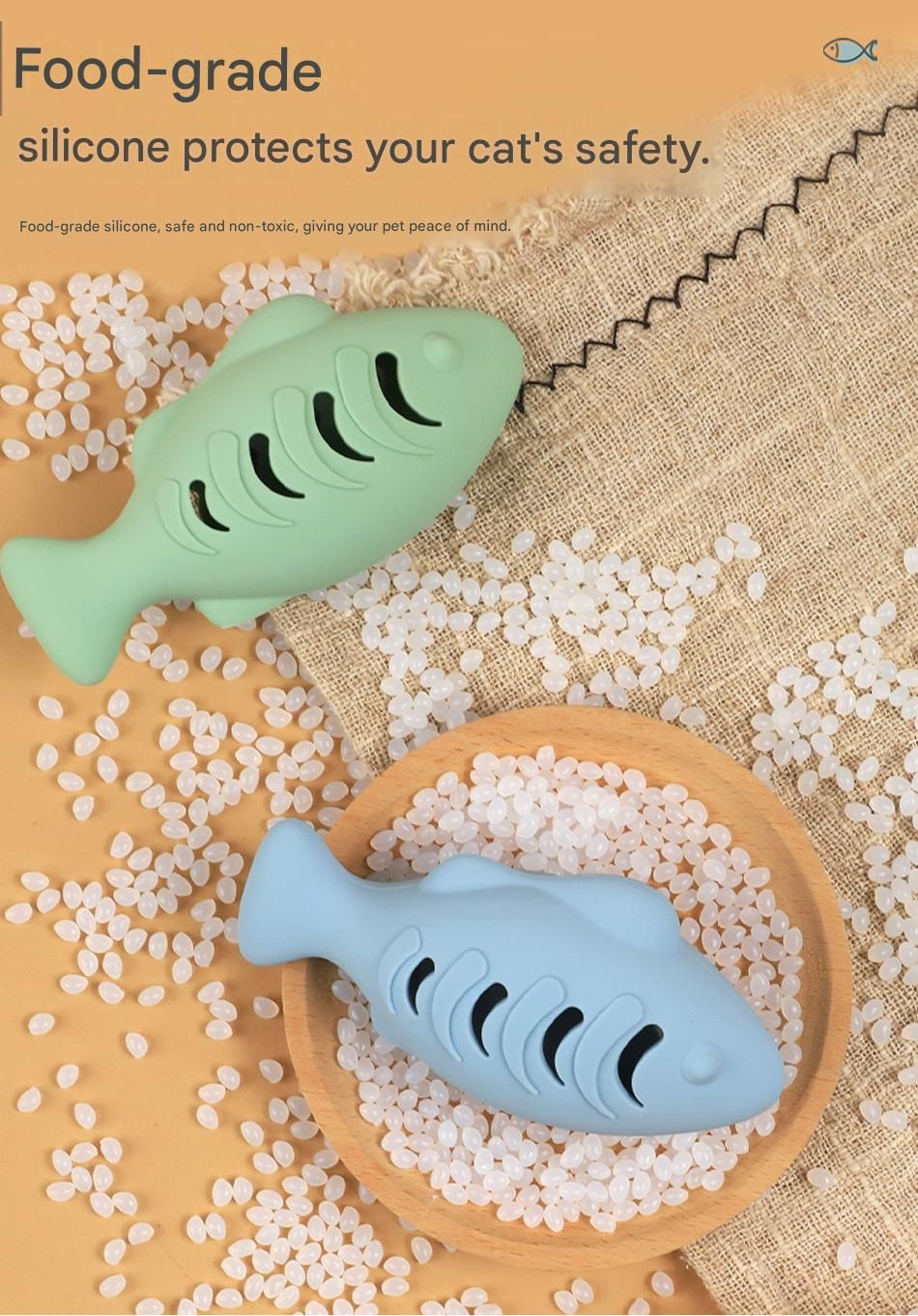 2-piece Green Fish-Shaped Silicone Cat Toy and  Catnip– 3-in-1 Interactive & Self-Entertaining Toy with Catnip/Cat food, Dental Care & Hairball Relief – BPA-Free, Food-Grade Safety