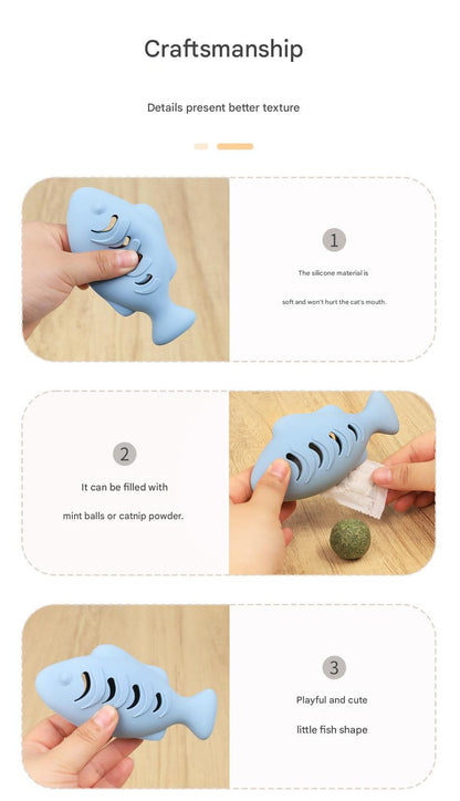 2-piece Green Fish-Shaped Silicone Cat Toy and  Catnip– 3-in-1 Interactive & Self-Entertaining Toy with Catnip/Cat food, Dental Care & Hairball Relief – BPA-Free, Food-Grade Safety