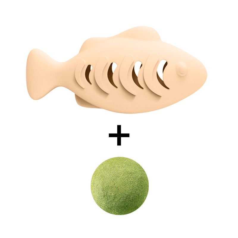 2-piece Cream-colored Fish-Shaped Silicone Cat Toy and  Catnip– 3-in-1 Interactive & Self-Entertaining Toy with Catnip/Cat food, Dental Care & Hairball Relief – BPA-Free, Food-Grade Safety
