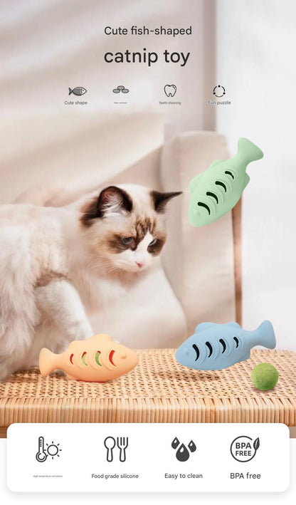 2-piece Cream-colored Fish-Shaped Silicone Cat Toy and  Catnip– 3-in-1 Interactive & Self-Entertaining Toy with Catnip/Cat food, Dental Care & Hairball Relief – BPA-Free, Food-Grade Safety