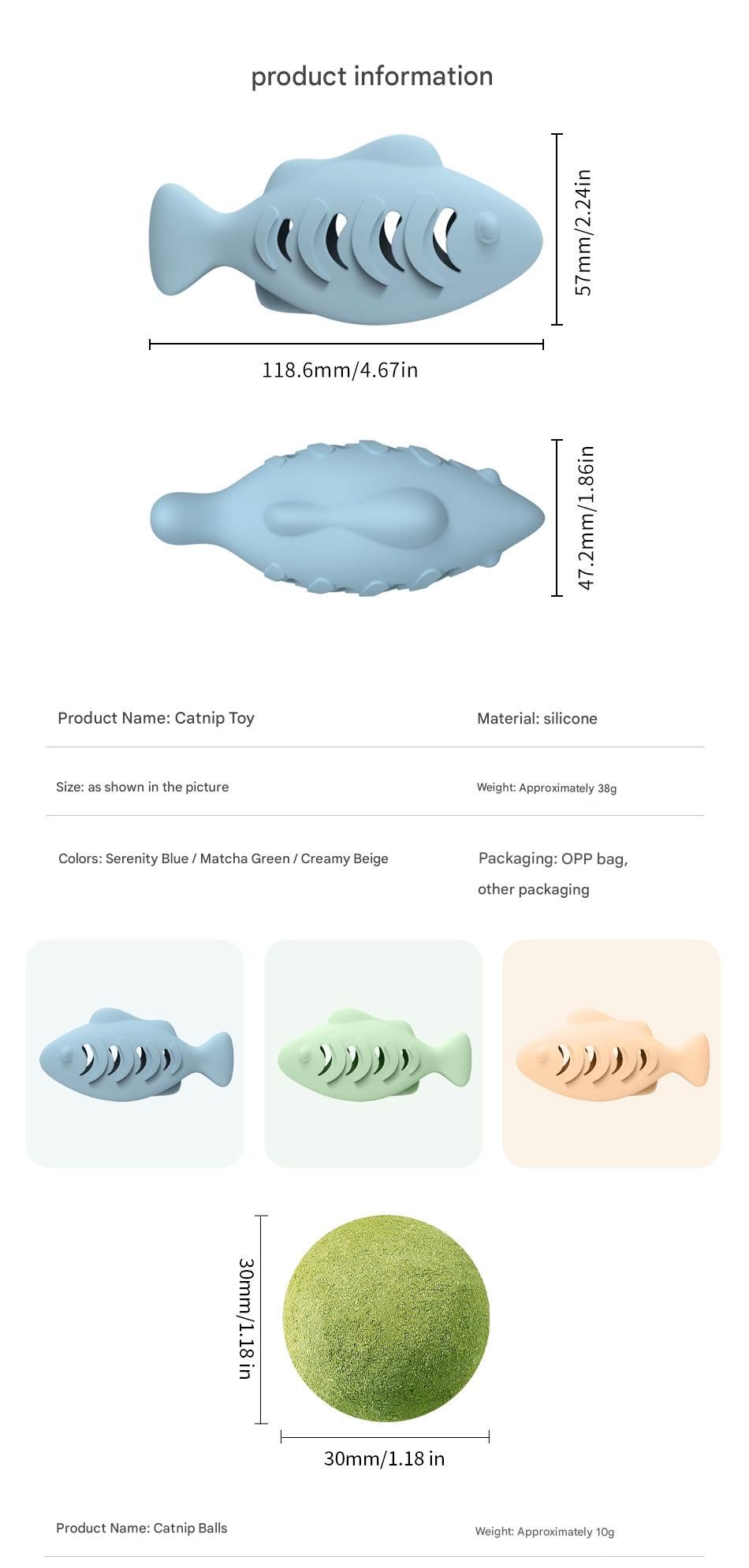 2-piece Cream-colored Fish-Shaped Silicone Cat Toy and  Catnip– 3-in-1 Interactive & Self-Entertaining Toy with Catnip/Cat food, Dental Care & Hairball Relief – BPA-Free, Food-Grade Safety
