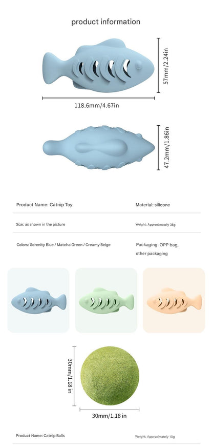 2-piece Cream-colored Fish-Shaped Silicone Cat Toy and  Catnip– 3-in-1 Interactive & Self-Entertaining Toy with Catnip/Cat food, Dental Care & Hairball Relief – BPA-Free, Food-Grade Safety