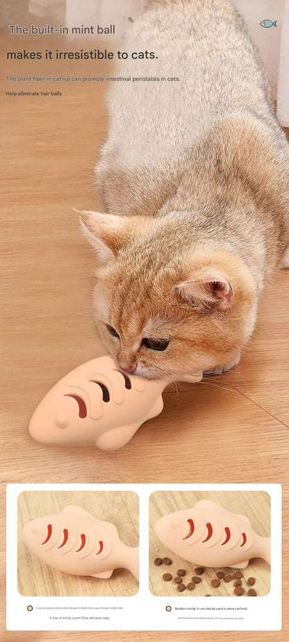 2-piece Cream-colored Fish-Shaped Silicone Cat Toy and  Catnip– 3-in-1 Interactive & Self-Entertaining Toy with Catnip/Cat food, Dental Care & Hairball Relief – BPA-Free, Food-Grade Safety