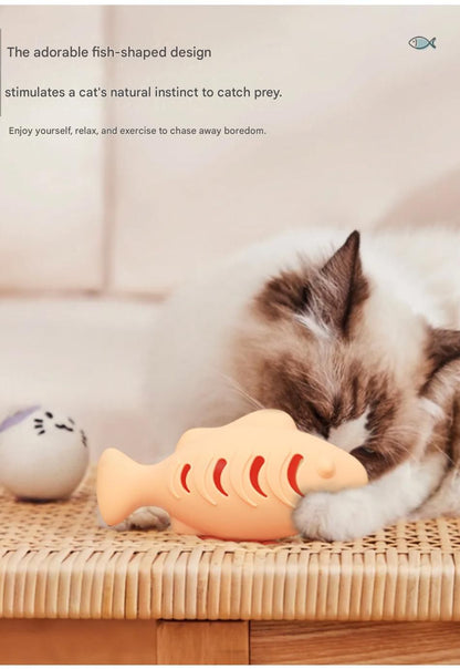 2-piece Cream-colored Fish-Shaped Silicone Cat Toy and  Catnip– 3-in-1 Interactive & Self-Entertaining Toy with Catnip/Cat food, Dental Care & Hairball Relief – BPA-Free, Food-Grade Safety