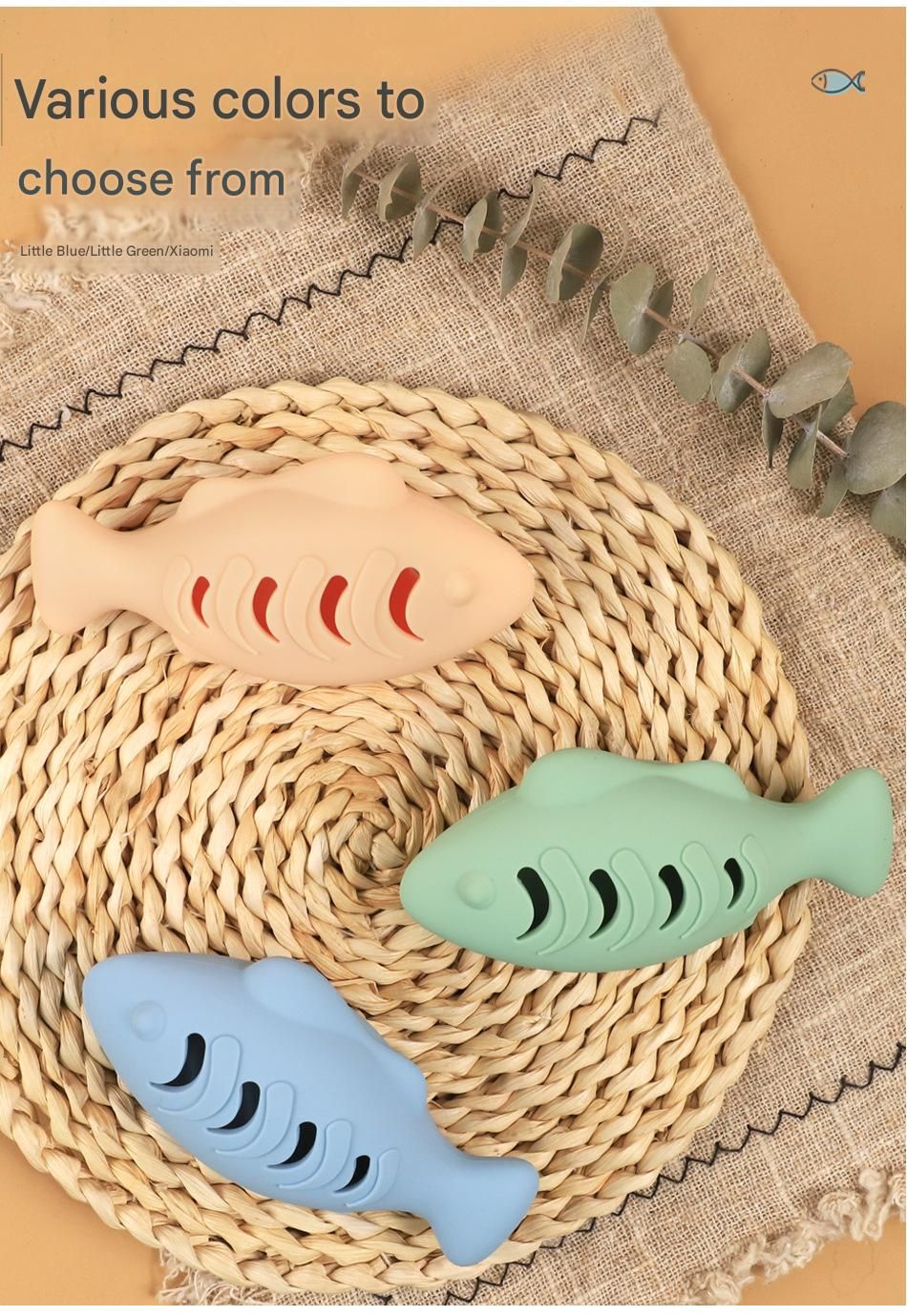 2-piece Cream-colored Fish-Shaped Silicone Cat Toy and  Catnip– 3-in-1 Interactive & Self-Entertaining Toy with Catnip/Cat food, Dental Care & Hairball Relief – BPA-Free, Food-Grade Safety