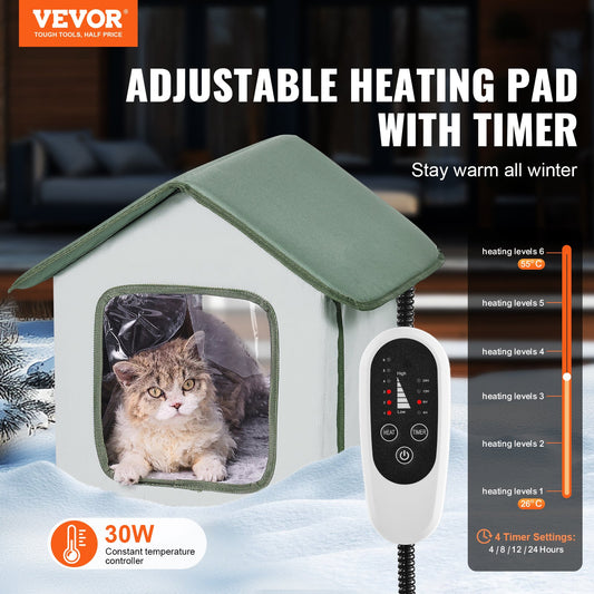 VEVOR Elevated Heated Cat House, Outdoor Kitty Shelter with Timer, 600D Oxford Cloth Foldable Cat Shelter with Heated Pad for Winter to Stay Warm and Cozy, Green (Small)