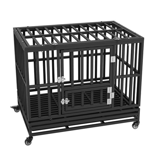 VEVOR Heavy Duty Dog Crate 38 in Metal Dog Kennel with Wheels and Removable Tray