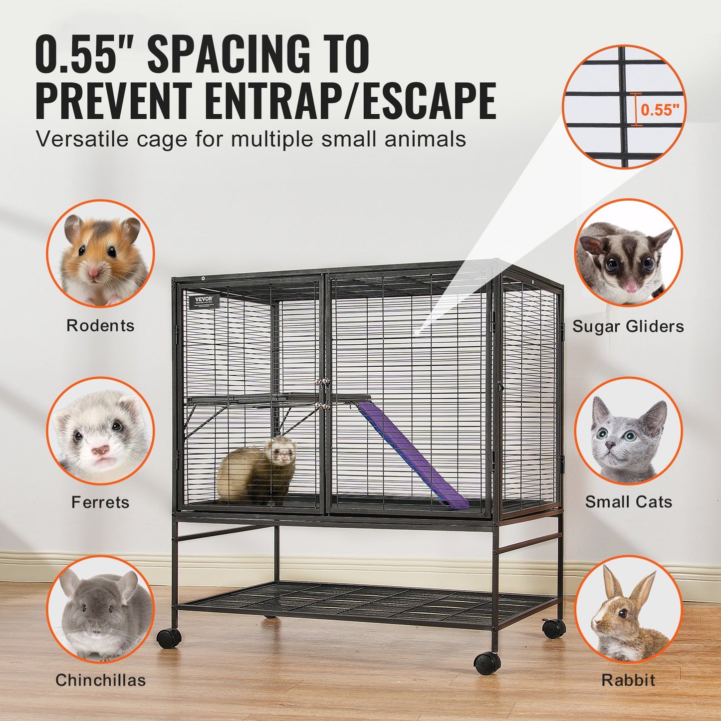 VEVOR 39" Metal Small Animal Cage 2-Tier Rolling Ferret Cage with Tray A Ramp