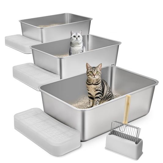 VEVOR Cat Litter Box, 203 mm Deep, XL Extra Large Stainless Steel Cat Litter Box with Scoop, Wide Filtering Foot Board & High Sides, Enclosed Odor-Free Easy-to-Clean Litter Box, Fit for Big Cats
