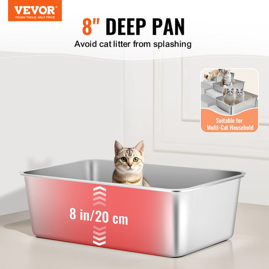 VEVOR Cat Litter Box, 203 mm Deep, XL Extra Large Stainless Steel Cat Litter Box with Scoop, Wide Filtering Foot Board & High Sides, Enclosed Odor-Free Easy-to-Clean Litter Box, Fit for Big Cats