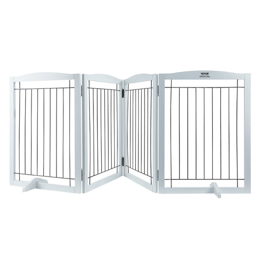 VEVOR Free Standing Dog Gate, 32" H x 96.5" W Freestanding Pet Gate, 4 Panels Foldable Dog Gate for Wide and Narrow Passageways, Expandable Dog Barrier with Silent Foot Support for Indoor, White