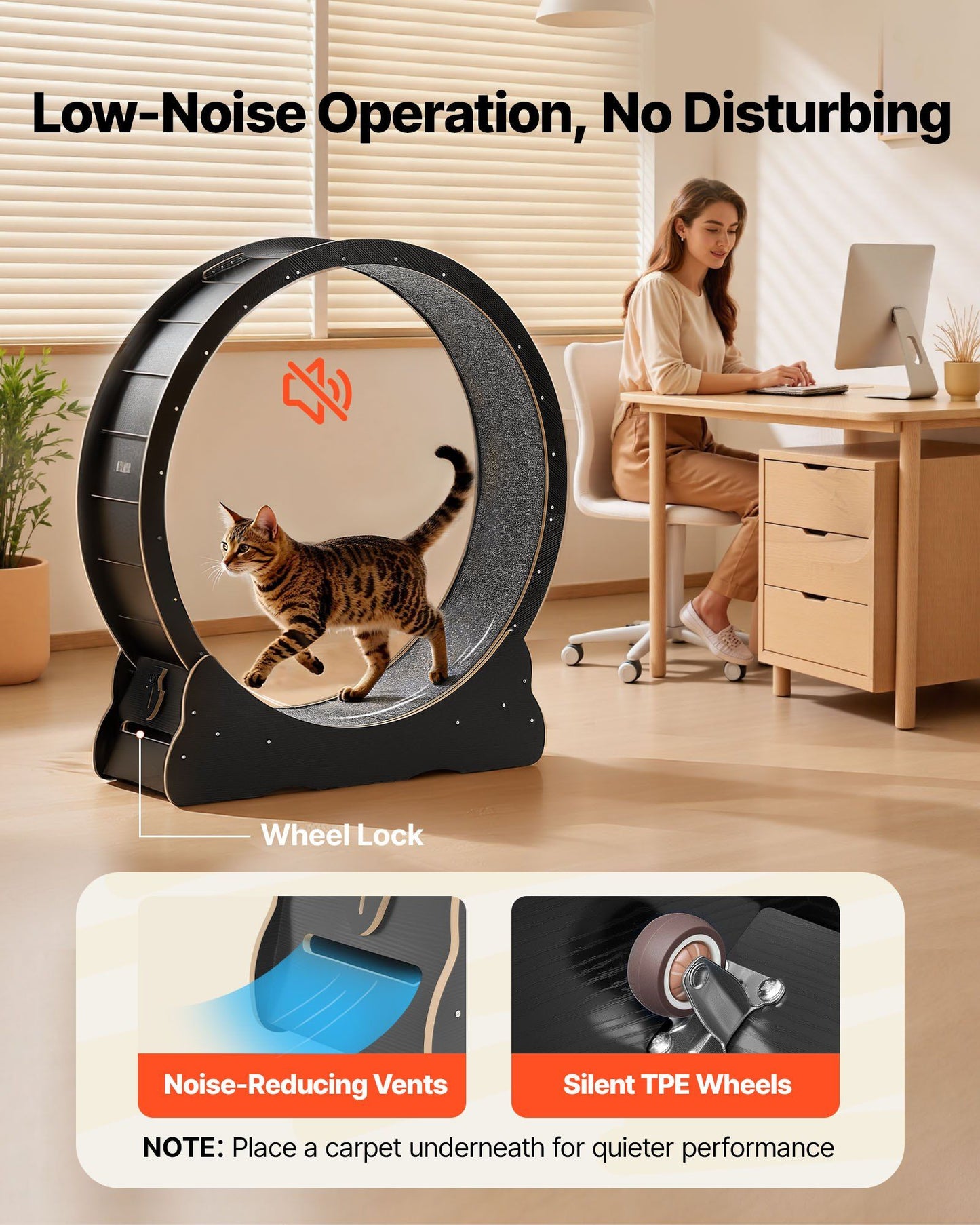 Cat Exercise Wheel, 120 cm Wooden Cat Running Wheel for Indoor Cats up to 12.7 kg, Cats Treadmill with Carpeted Runway & Locking Mechanism, Quiet Kitten Sport Toys for Pets Fitness, Black