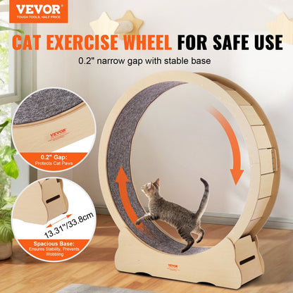 Wooden Cat Exercise Wheel, 1320mm Large Cat Treadmill Wheel for Indoor Cats, Cat Running Wheel with Detachable Carpet & Cat Teaser for Running/Walking/Training, Suitable for Most Cats