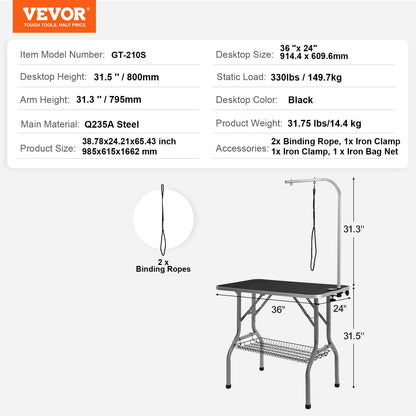 VEVOR Pet Grooming Table Arm with Clamp, 915 x 610mm Dog Grooming Station, Foldable Pets Grooming Stand for Medium and Small Dogs, Free No Sit Haunch Holder with Grooming Loop, Bearing 149.7kg