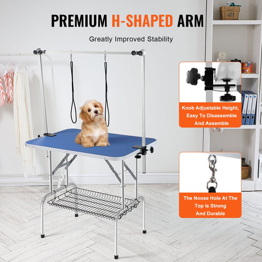 VEVOR Pet Grooming Table Two Arms with Clamp, 915 x 610mm Dog Grooming Station, Foldable Pets Grooming Stand for Medium and Small Dogs, Free Two No Sit Haunch Holder with Grooming Loop, Bearing 150kg
