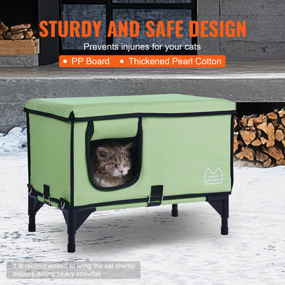 VEVOR Elevated Heated Cat House, Cuboid Kitty Shelter with Adjustable Temperature and Timer, 900D Oxford Cloth Foldable Cat Shelter with Heated Pad  for Winter to Stay Warm and Cozy, Green (Large)
