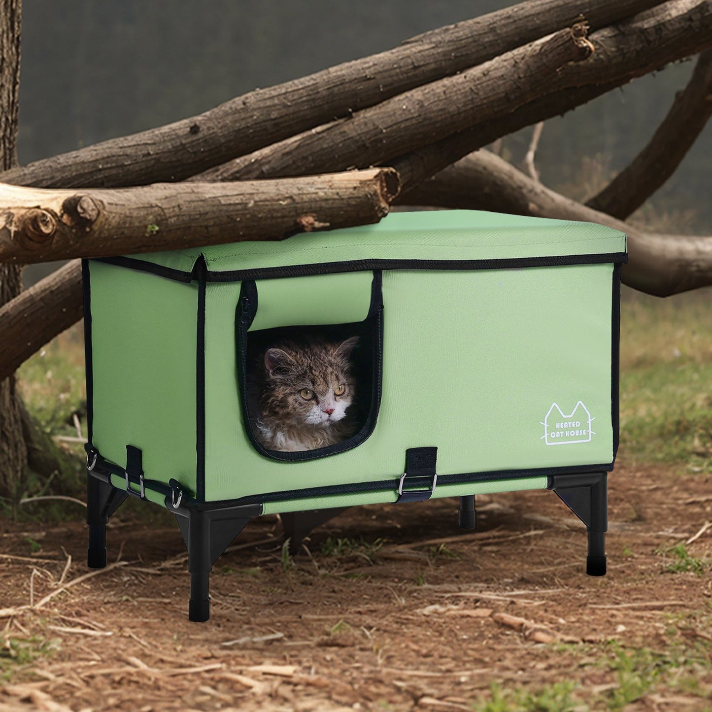 VEVOR Elevated Heated Cat House, Cuboid Kitty Shelter with Adjustable Temperature and Timer, 900D Oxford Cloth Foldable Cat Shelter with Heated Pad  for Winter to Stay Warm and Cozy, Green (Large)