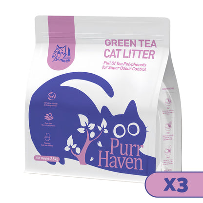 PurrHaven Green Tea Cat Litter 7.5kg (3 Pack) – Biodegradable, Flushable, Dust-Free & Fast Clumping