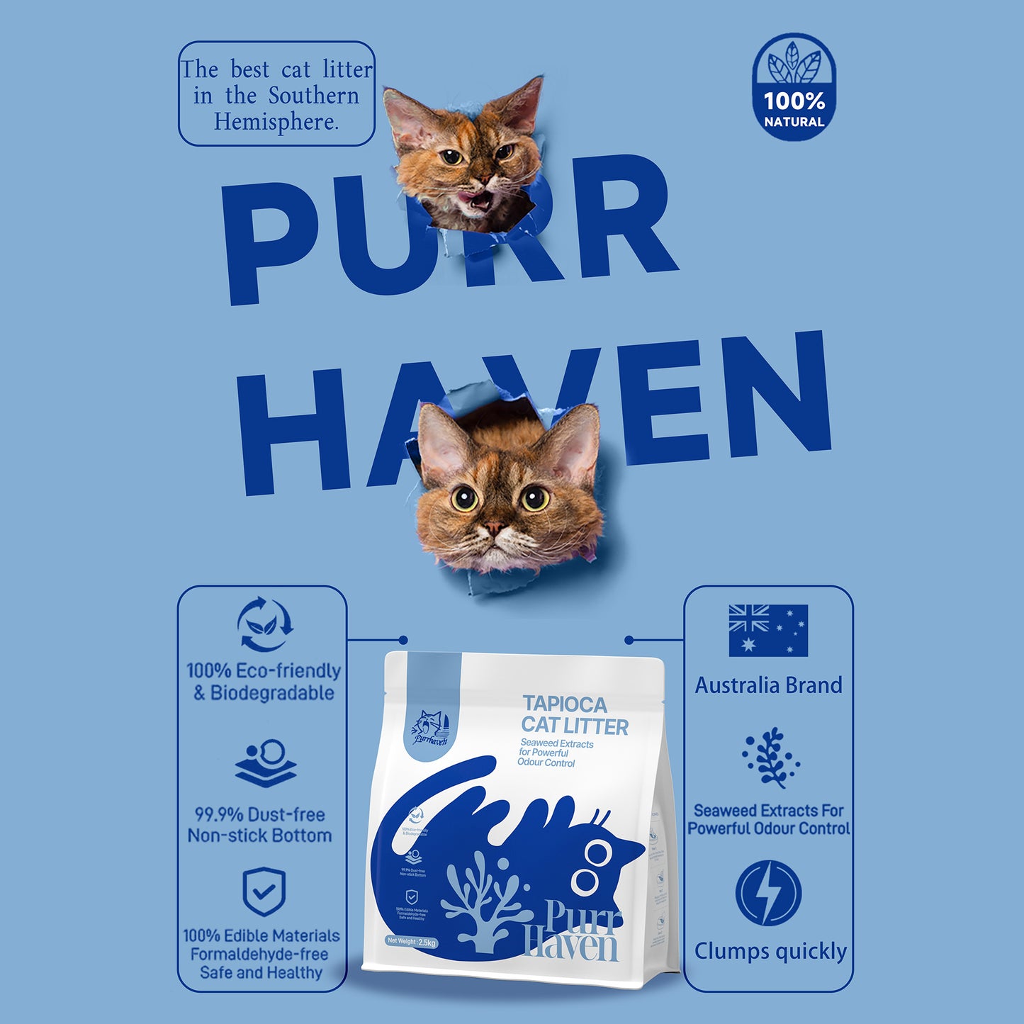 PurrHaven Tapioca Cat Litter 15kg (6 Pack) – Biodegradable, Flushable, Dust-Free & Fast Clumping